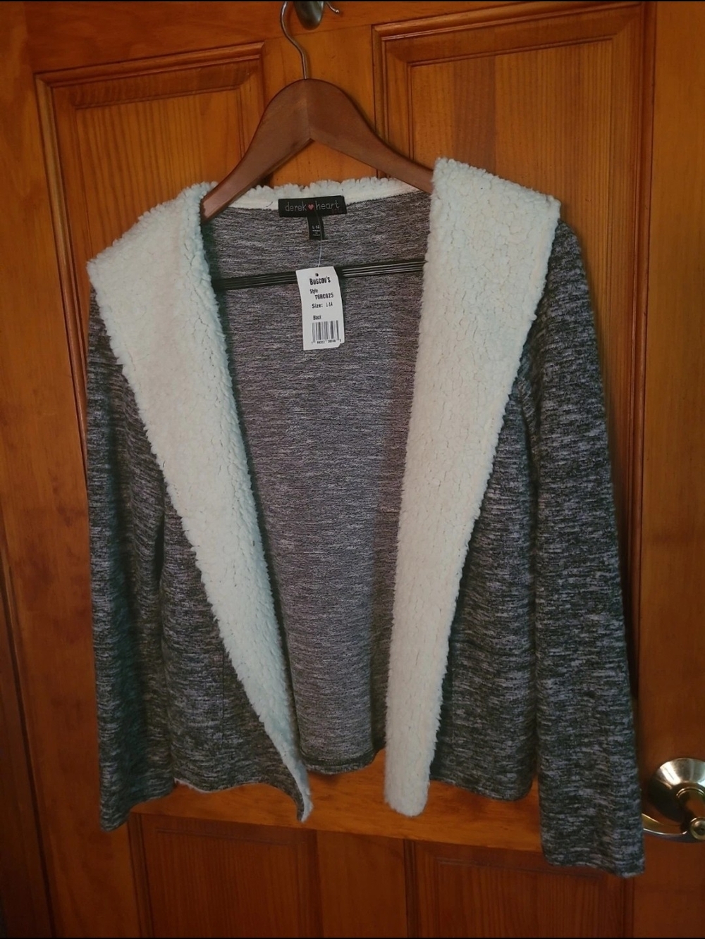 Derek Heart Gray Knit Open Cardigan with Cream Sherpa Trim Girls Size Large 14
